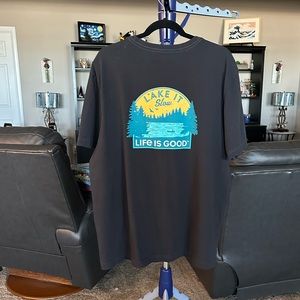Life is Good NWOT black T-Shirt. Picture on back says Lake it Slow. XL
